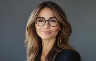 Confident woman with glasses smiling in a professional setting during daylight hours photo