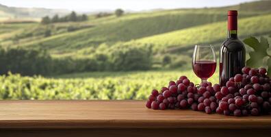 Enjoying red wine and fresh grapes in a scenic vineyard setting during a sunny afternoon photo