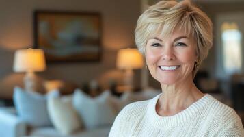 Smiling woman poses warmly in cozy indoor setting with soft lighting photo