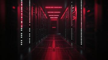 A focused shot of a data center with blinking servers capturing the essence of the backend operations that support digital twin technology with streams of data flowing between assets photo