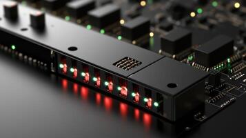 A macro view of tiny connectors and ports on a data management device illustrating how data from disparate systems is merged seamlessly underscoring the connectivity essential for photo