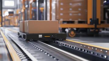 A closeup of an automated guided vehicle AGV transporting heavy materials across a factory floor with safety sensors and laser guidance systems evident in the design illustrating moder photo