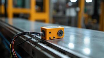 A closeup of a ruggedized sensor mounted on a factory machine wires trailing off actively logging data and sending realtime alerts to a central system photo
