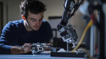 An automated robotic arm performing precision assembly tasks with a worker observing and ready to intervene if necessary showcasing a seamless humanrobot collaboration photo