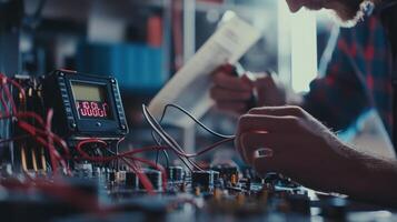 A closeup of a digital multimeter displaying fluctuating readings while connected to a malfunctioning circuit with a technician consulting a troubleshooting guide beside it photo