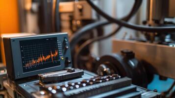 A refined angle of a vibration analysis tool resting on a machine with graphical data illustrating abnormal vibrations helping pinpoint potential issues before they escalate photo