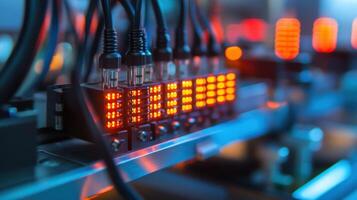Closeup of a diagnostic tool connected to a machine with vibrant LED indicators displaying various operational statuses and alerts regarding potential failures photo