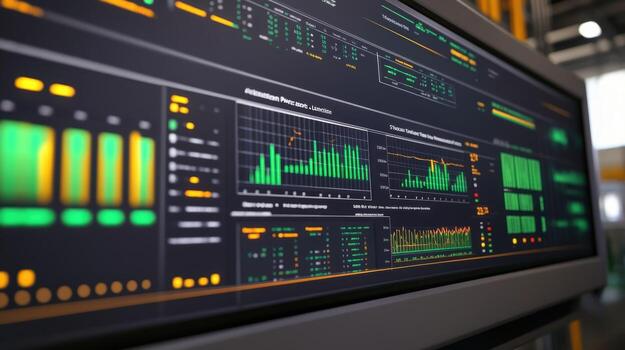 A macro image of a digital interface with multiple graphs and charts representing realtime analytics of machinery performance and operational efficiency in a manufacturing plant photo