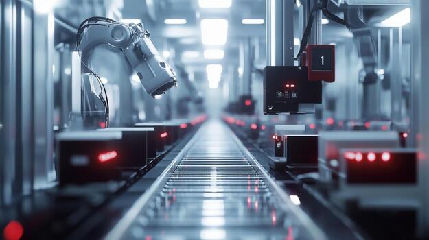 A still shot of a robotic packaging line where machines efficiently box and seal products with a focus on the mechanical movement of arms and belts that streamline the packaging process photo