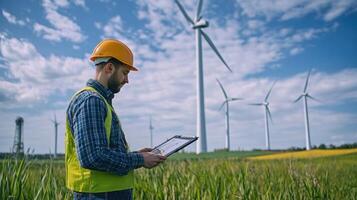 An engineer calibrates a vibration analysis tool next to a spinning turbine capturing the moment when data is recorded for predictive maintenance photo