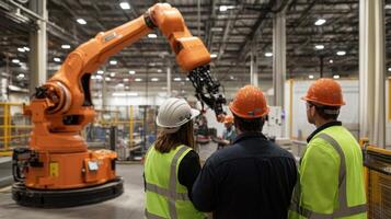 A maintenance crew watches as a robotic arm undergoes a software update enhancing its functionality and ensuring it meets operational standards photo