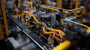 A detailed image of wiring and sensors installed on an assembly line robot with a digital overlay indicating the control parameters and performance analytics from its digital twin photo
