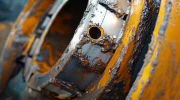 A macro shot of a bearing that shows signs of corrosion and wear with adjacent analysis software projecting degradation timelines and mitigation strategies photo