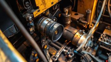An inspection camera inserted into a complex machine assembly revealing internal components and their condition under low light photo