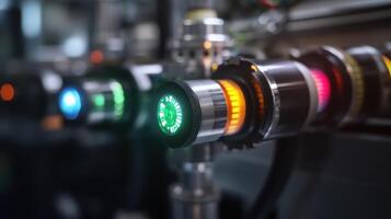 Futuristic industrial machinery operating with colorful lights in factory photo