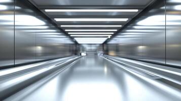 Empty moving walkway in modern building reflecting light photo
