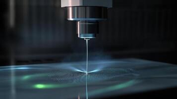 Laser engraving machine working on metal surface creating concentric circles photo