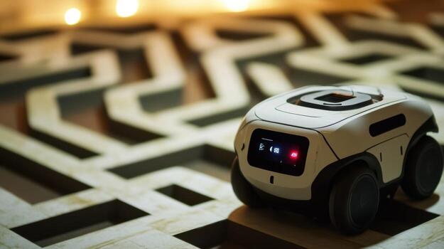 autónomo móvil robot Moviente en circuito tablero resolviendo laberinto foto