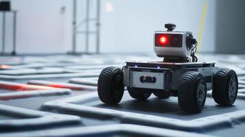 Autonomous mobile robot moving on industrial floor with red lights photo