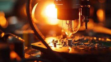Automated machine assembling electronic components on circuit board in factory photo