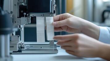 Scientist holding material samples during tensile strength test photo