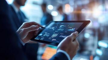 Manager analyzing production data on tablet in factory photo