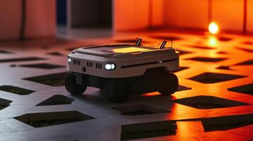 Autonomous mobile robot moving on metal floor in modern factory photo