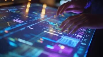 Engineer working on futuristic transparent touchscreen display with data and charts photo