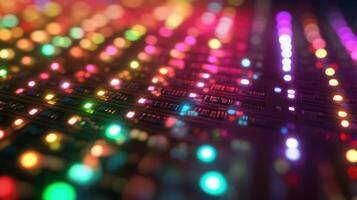 Electronic circuit board manufacturing with colorful bokeh effect and multicolored lights photo