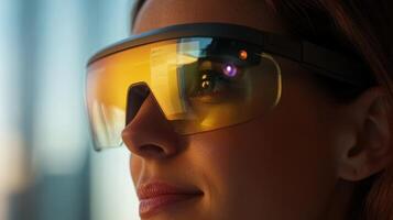 Engineer wearing smart glasses working with futuristic augmented reality software photo