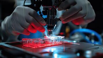 Gloved hands operating high tech precision equipment in laboratory setting photo