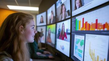 Engineers analyzing data and conferencing on multiple computer screens photo