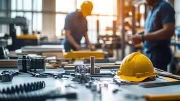 Manufacturing process in progress with engineers working in background and safety helmet in foreground photo