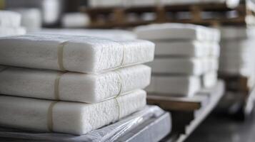Stacks of filter media sheets wrapped in plastic in warehouse photo