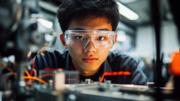 Engineer inspecting machinery wearing protective glasses in factory photo