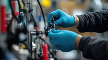 Factory worker assembling component with precision and care photo
