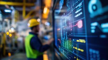 Industrial engineer working with monitor showing data and production line status photo