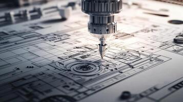 Precision cnc milling machine creating intricate blueprint design photo