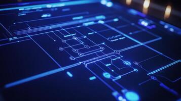 Futuristic manufacturing control panel showing performance data and statistics photo