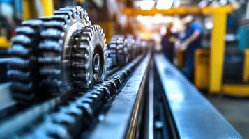 Gears rotating on assembly line in factory photo