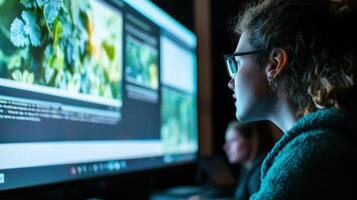 Female editor examining photos and videos on multiple computer screens in dark room