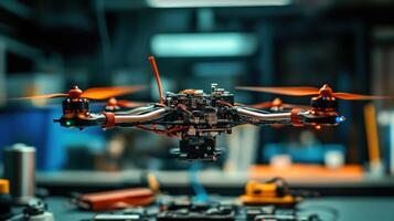 Drone hovering in workshop setting, showcasing manufacturing process photo
