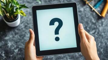 Hands holding digital tablet showing question mark on screen photo