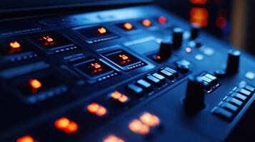 Control panel with illuminated buttons and dials in manufacturing facility photo