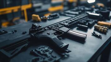 Modern sporting rifle being assembled on workbench in factory photo
