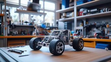 Engineers designing and assembling a metal car in modern workshop photo