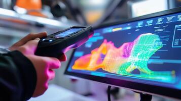 Engineer using scanner and computer with futuristic software for industrial digital manufacturing photo