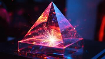 Laser engraving manufacturing process on transparent pyramid structure photo