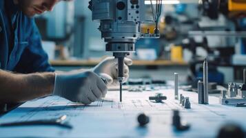 Industrial engineer working on blueprint and comparing it to metal parts under automated cnc machine photo