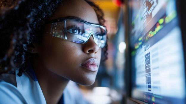Scientist monitoring production line data on computer screen in modern factory photo